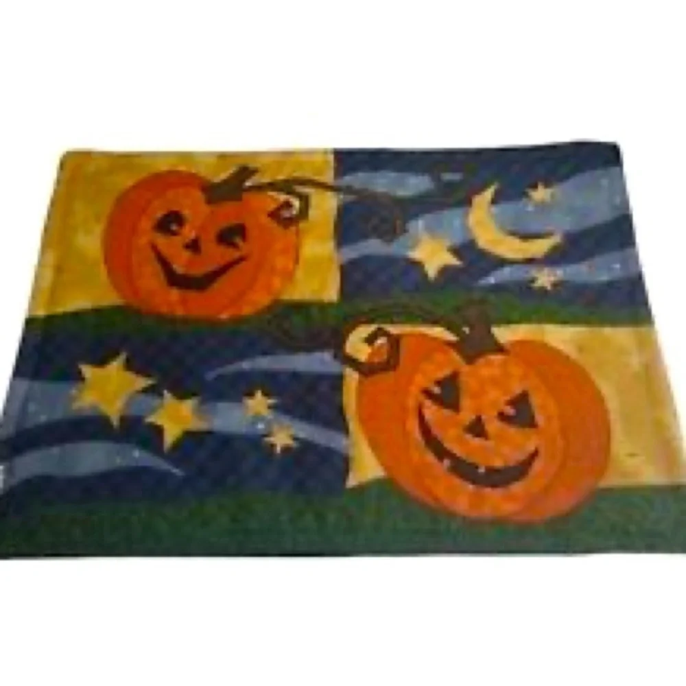 4 Quilted Halloween Jack O Lantern Fabric Placemats Pumpkin Moon Stars 18” x 13”